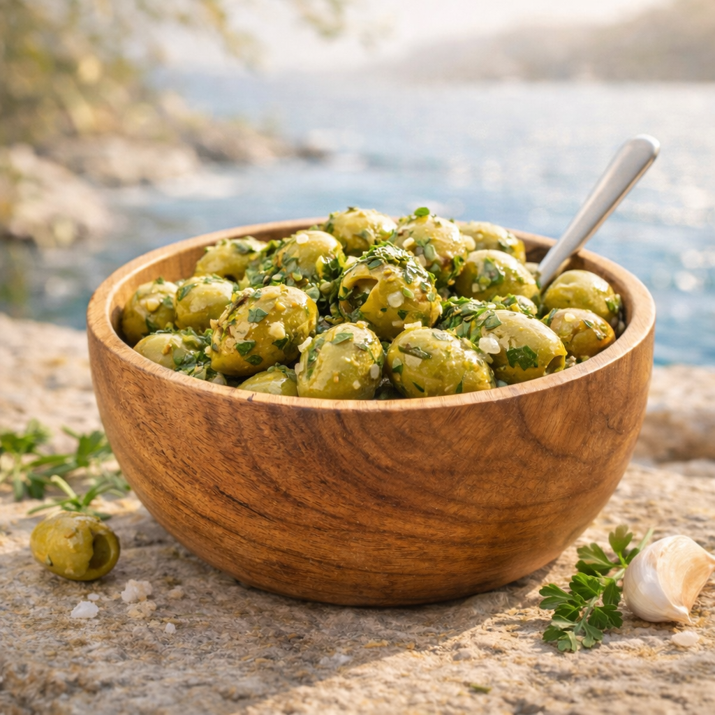 Olives vertes cassées à l’ail